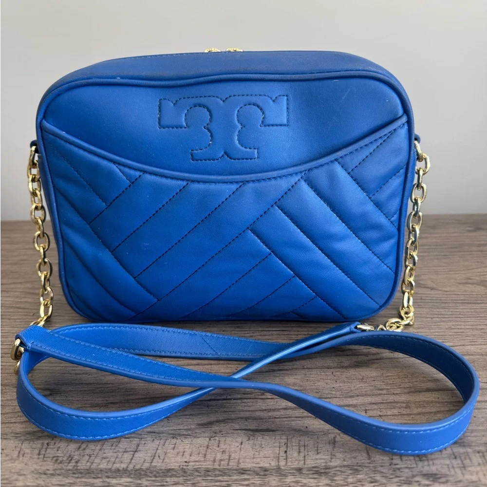 Tory Burch Leather Crossbody Bag Alexa Stitch Camera Bag Regal Blue Quilted